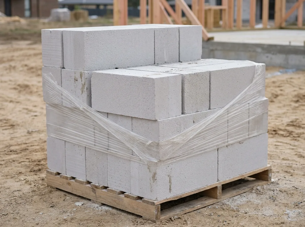 Поддон газобетонных блоков в заводской упаковке на строительной площадке